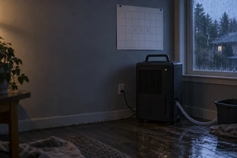 Wall calendar with three days crossed off beside a running dehumidifier in a dim room