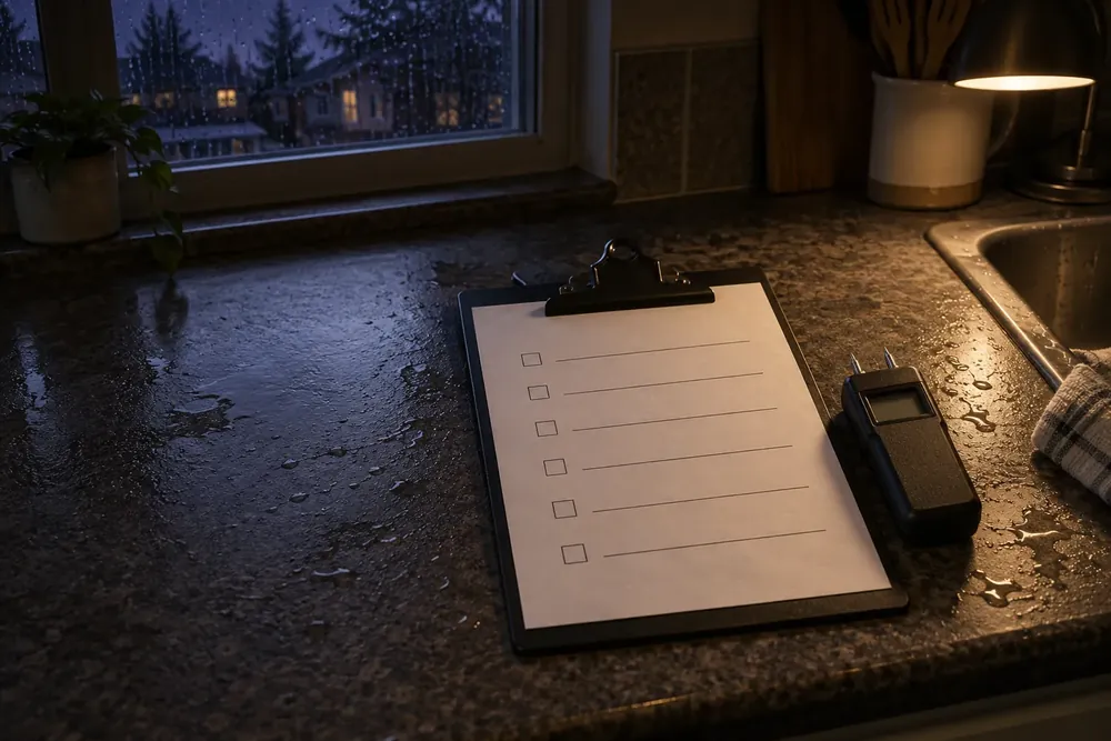 Clipboard with a blank checklist and moisture meter on a damp countertop under dim light