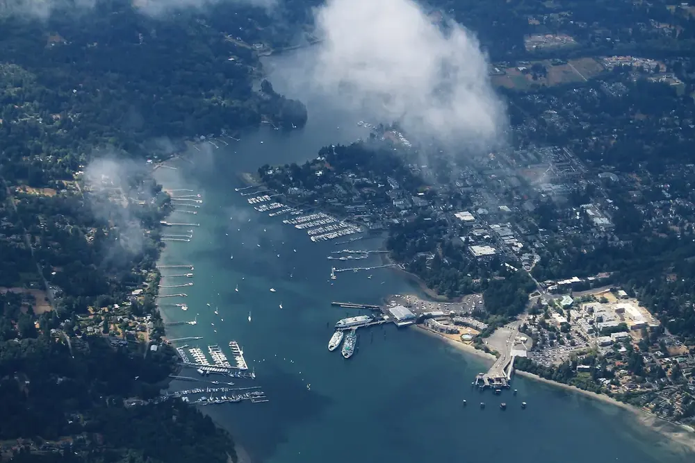 Aerial view of Eagle Harbor and its marinas on Bainbridge Island, Washington