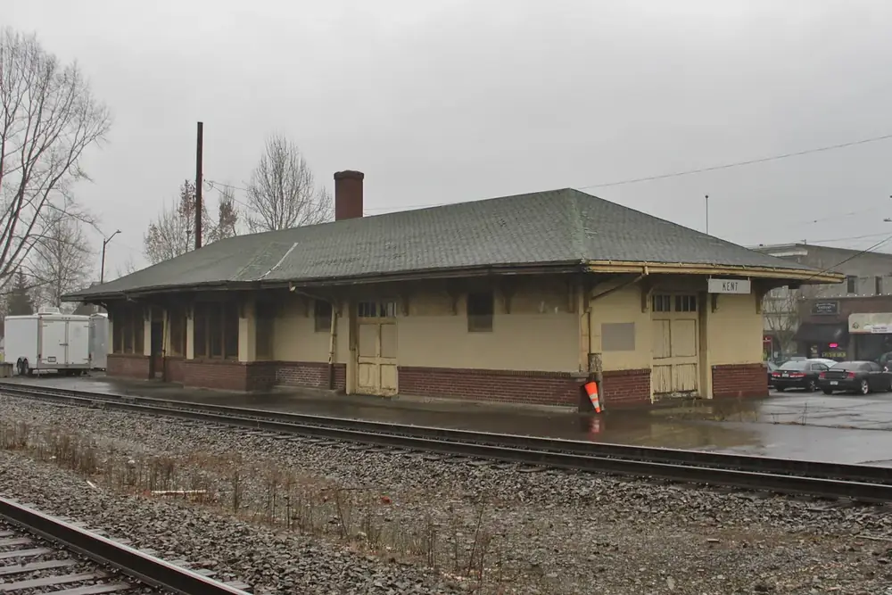 Historic Northern Pacific depot beside the railroad tracks in Kent, Washington