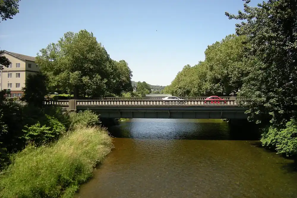 Road bridge over the Cedar River lined with trees in Renton, Washington